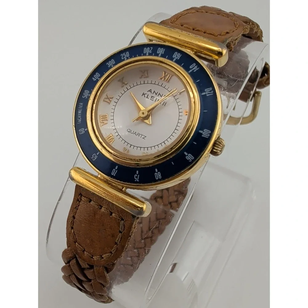 Anne Klein II Watch Women 28mm Case Blue Bezel Brown Braided Band- New Battery